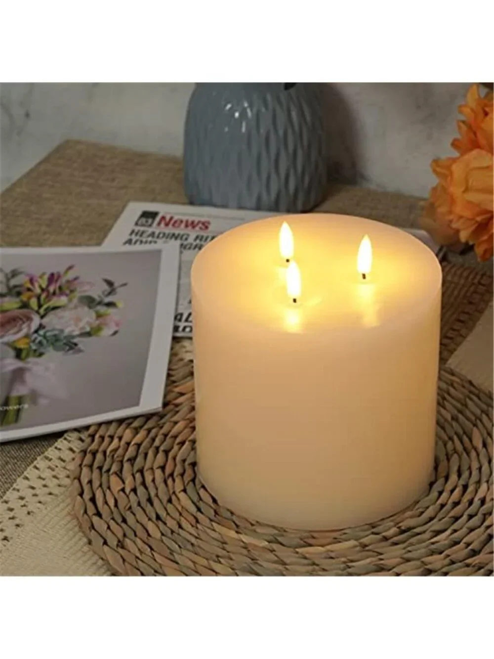 Large Flameless LED Pillar Candle Real Wax 3 Wick Remote Timer Battery Operated
